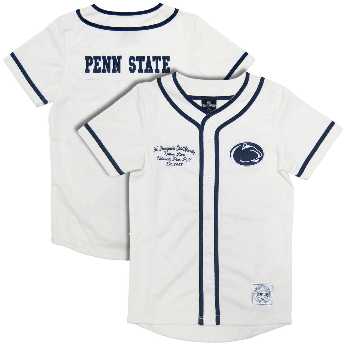 front and back of white Penn State youth baseball jersey